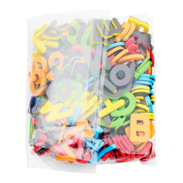 Clear plastic bag filled with bright, multi-colored foam magnetic alphabet letters.