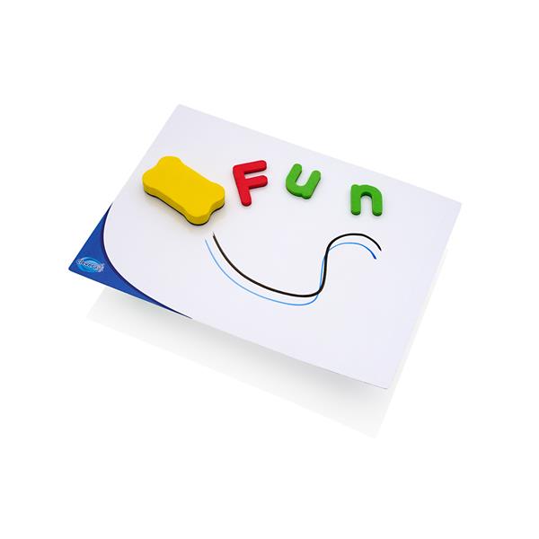 Red and green magnetic letters spelling Fun on a whiteboard with a yellow bone eraser and blue and black marker lines.