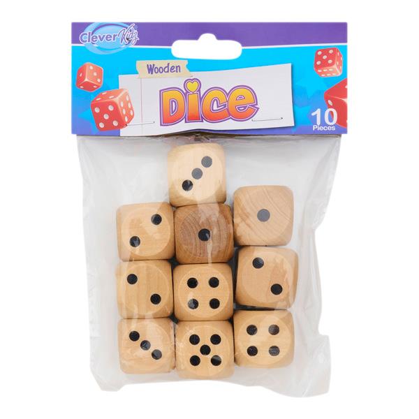 Ten natural wood dice with black dots in clear plastic packaging with a colorful Clever Kidz header.