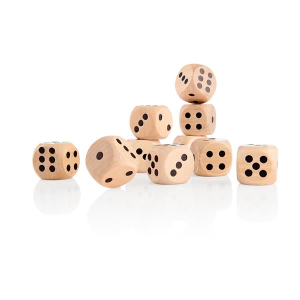 Ten natural wood dice with rounded corners and black dots, arranged in a small stack on a white background.
