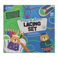 Colorful box for a 20-piece lacing set with bear illustrations, colored pencils, and shoe lacing graphics.