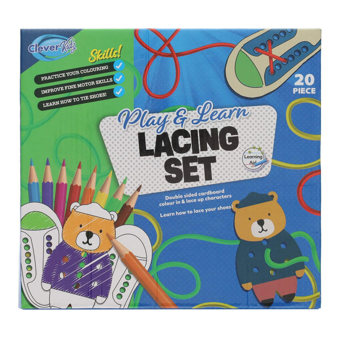 Colorful box for a 20-piece lacing set with bear illustrations, colored pencils, and shoe lacing graphics.