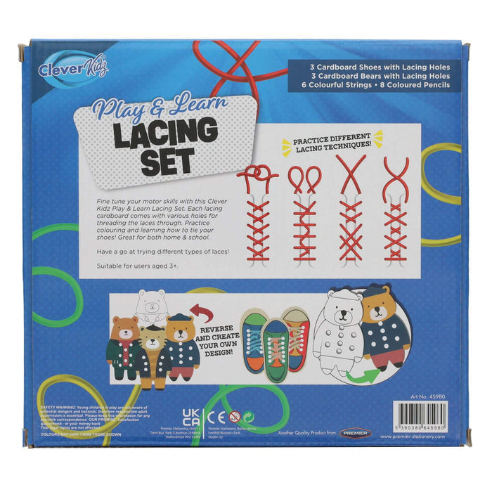 Blue toy packaging showing lacing technique diagrams, cardboard bear figures, and sneakers with holes for strings.