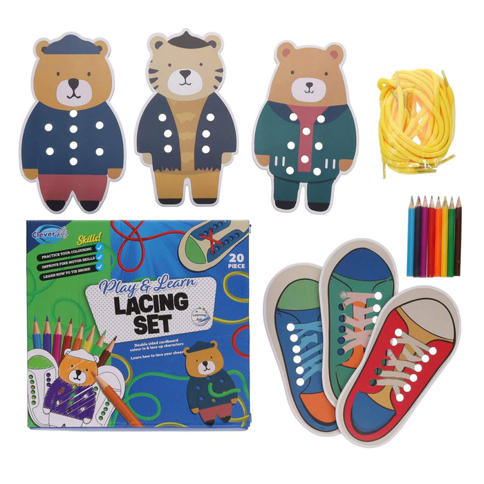 Colorful animal and shoe lacing cards, bright yellow laces, and colored pencils with the product packaging.