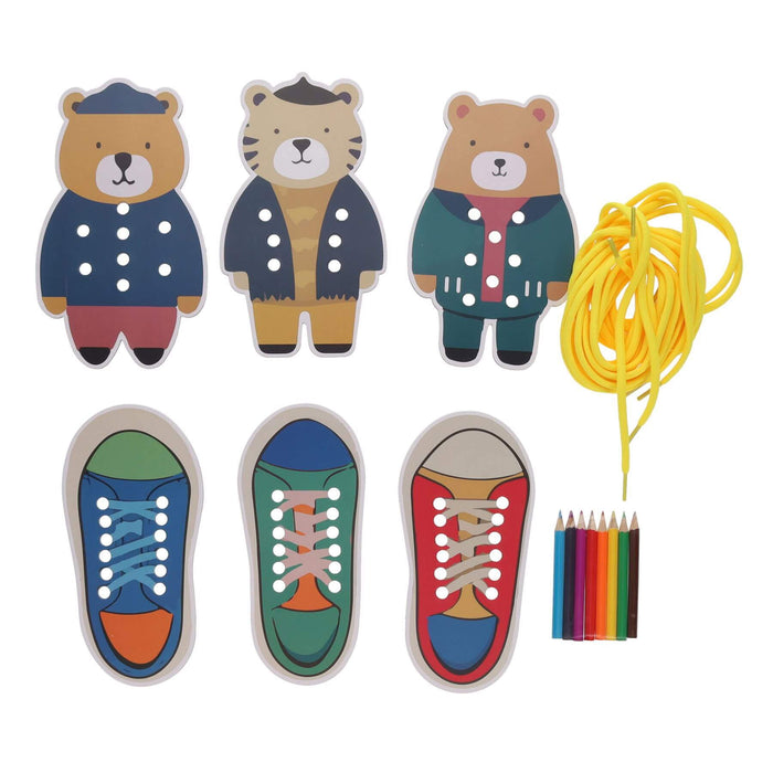 Three animal and three shoe lacing cards with a long yellow cord and six mini colored pencils.