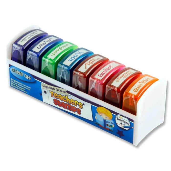 Eight colorful self-inking teacher stamps in a white tray with labels like Great Work, 100%, and Excellent.