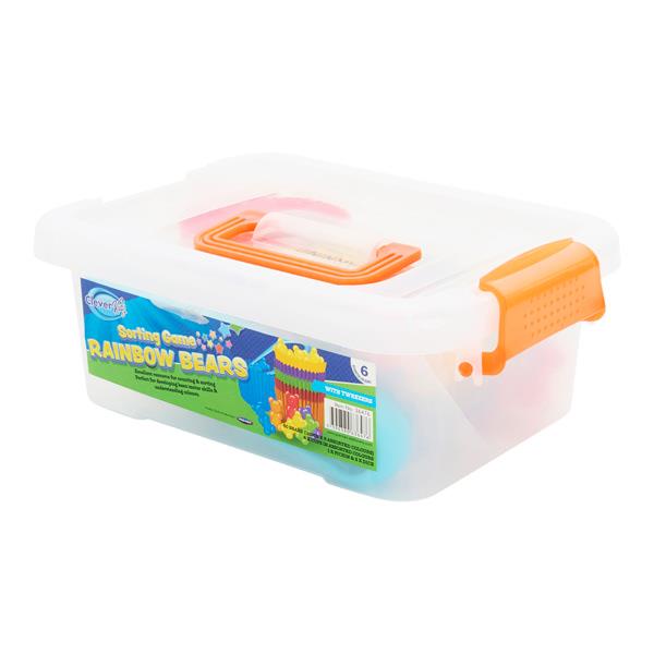 Clear plastic storage tub with orange handles and latches, filled with colorful bear-shaped counters for sorting.