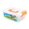 Clear plastic storage tub with orange handles and latches, filled with colorful bear-shaped counters for sorting.