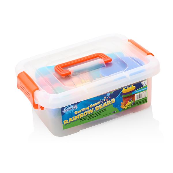 Clear plastic storage tub with orange handles, filled with colorful bear-shaped figurines and a blue product label.