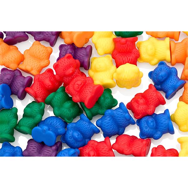 Colorful pile of textured plastic counting bears in red, orange, yellow, green, blue, and purple.