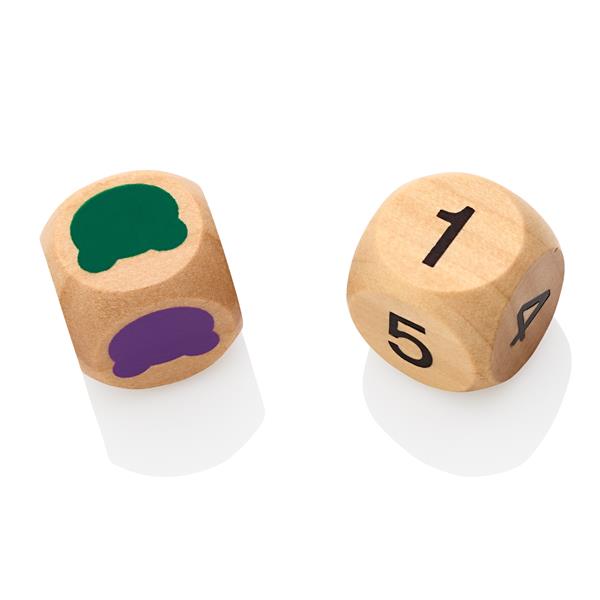Two wooden dice; one with green and purple bear silhouettes, the other with black numbers 1, 4, and 5.