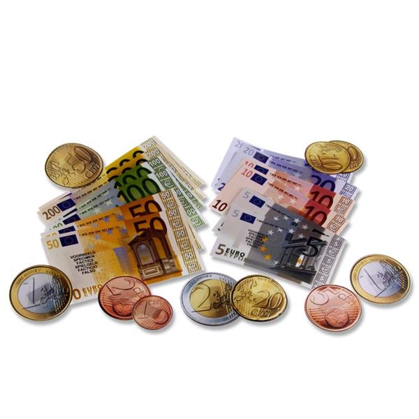 Fanned stacks of colorful play euro notes and realistic coins in gold, silver, and copper tones.