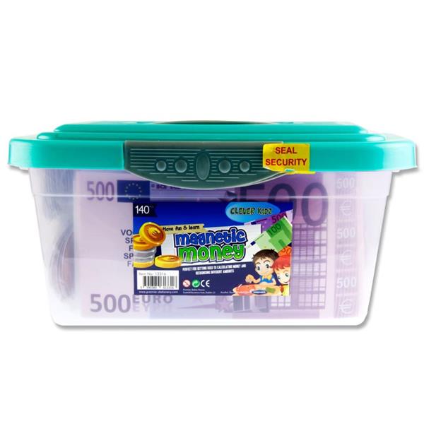 Clear plastic tub with a teal lid containing magnetic Euro play money notes and coins for teaching.
