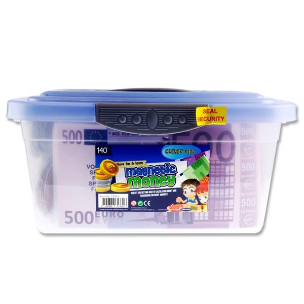 Clear plastic tub with a blue lid containing play Euro banknotes and coins, labeled Magnetic Money.