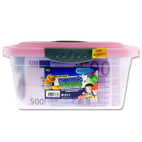 Clear plastic tub with a pink lid and gray latch, filled with magnetic Euro play banknotes and coins.