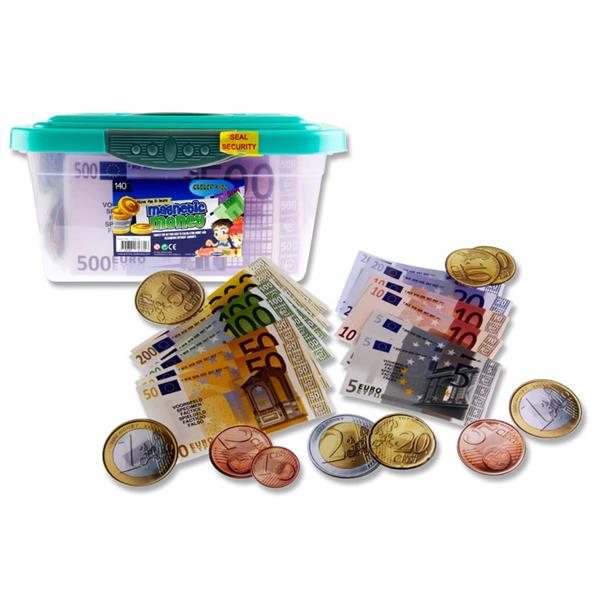 Clear plastic tub with green lid filled with and surrounded by colorful magnetic Euro banknotes and coins.