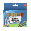 Blue box of five assorted colored hourglass sand timers ranging from 30 seconds to 10 minutes.