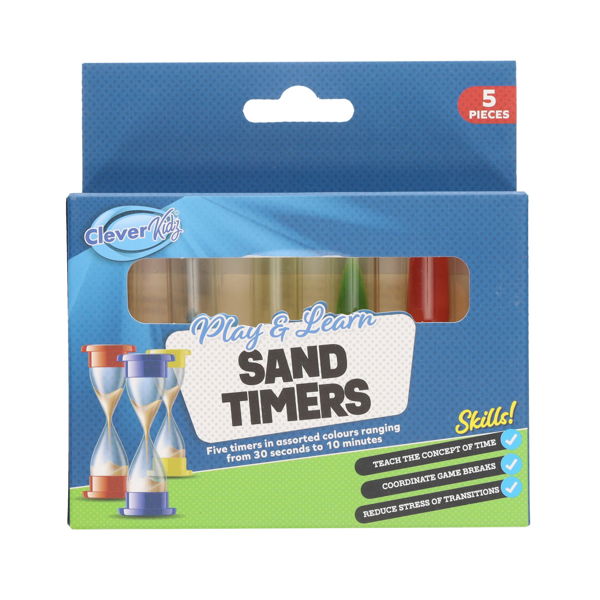 Blue box of five assorted colored hourglass sand timers ranging from 30 seconds to 10 minutes.