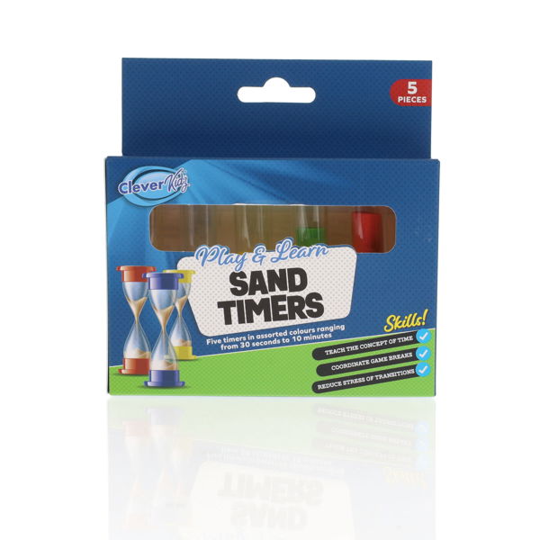 Blue windowed box containing 5 colorful hourglass sand timers with red, blue, and yellow timers shown on the packaging.