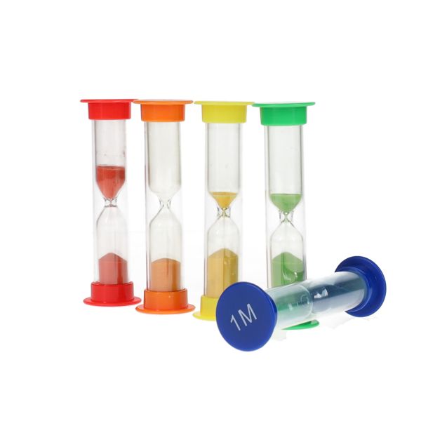 Five plastic sand timers in red, orange, yellow, green, and blue. Blue timer is marked 1M on its cap.