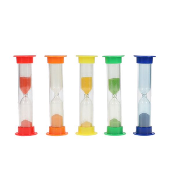 Five colorful plastic sand timers in red, orange, yellow, green, and blue with matching sand, arranged in a row.