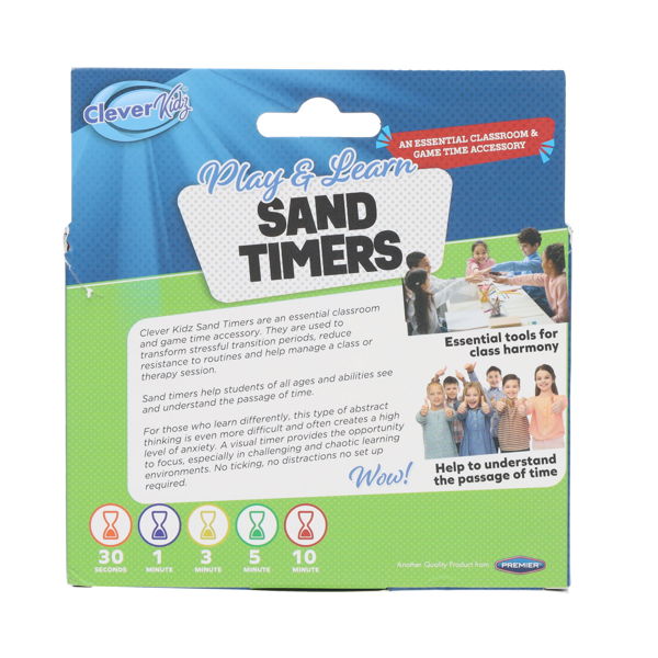 Blue and green box for Clever Kidz sand timers featuring classroom photos and icons for 30 second to 10 minute durations.