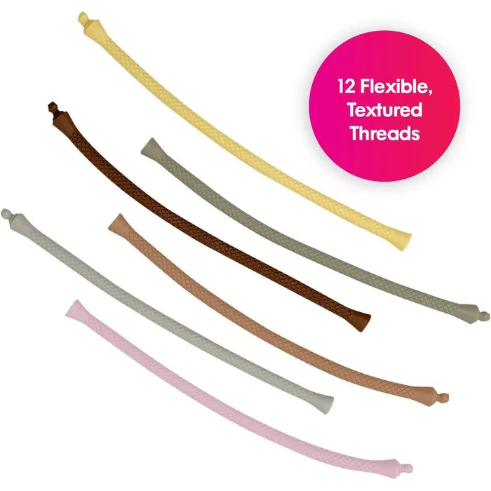 Six flexible, textured threads in yellow, brown, grey, tan, and pink with woven patterns and knob connectors.
