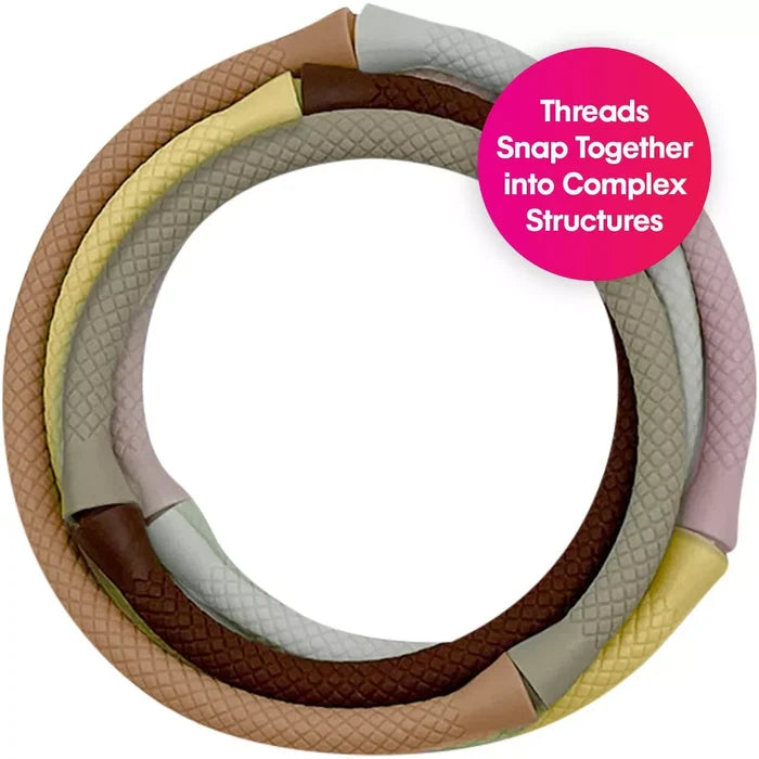 Interlocking textured tubes in earth tones form a circle with a pink callout saying they snap together.