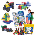 Colorful interlocking block set with a yellow rolling bin, building plans, and models of a truck, plane, and dinosaur.