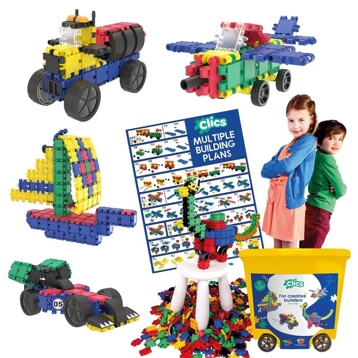 Colorful interlocking block set with a yellow rolling bin, building plans, and models of a truck, plane, and dinosaur.