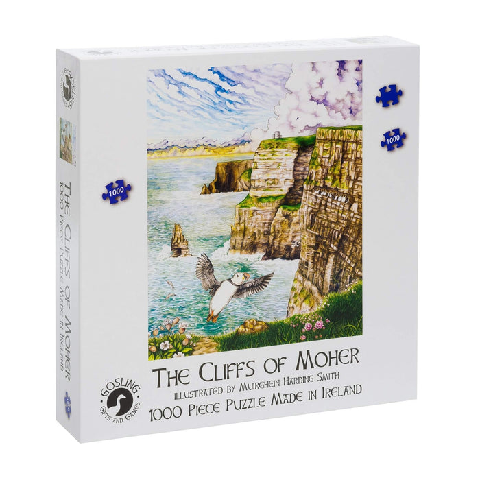 White box for 1000-piece puzzle illustrated with the green and stony Cliffs of Moher and a flying puffin.