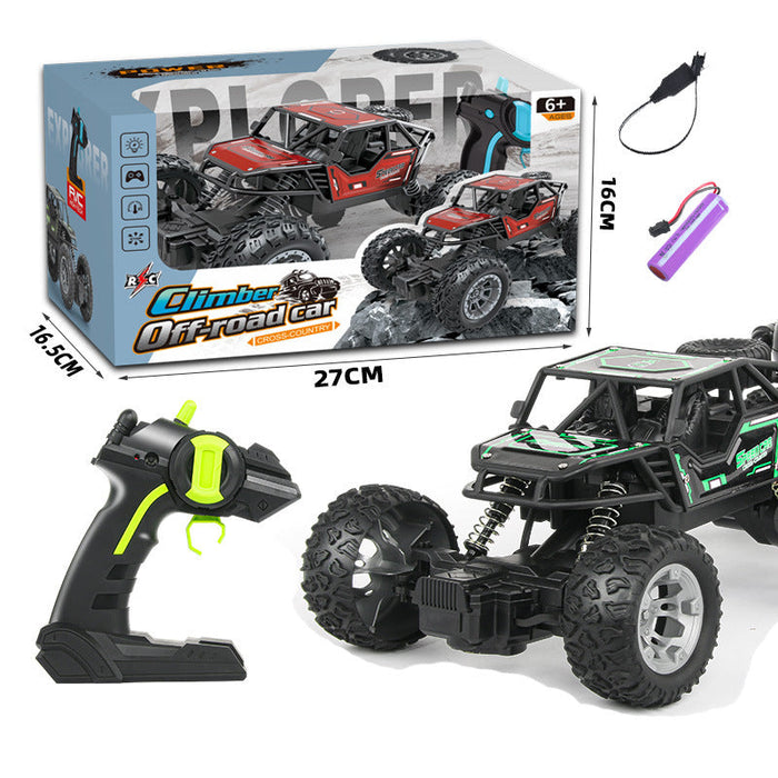 Green off-road RC climbing car with rechargeable battery, featuring rugged tires and compact design for outdoor adventure.