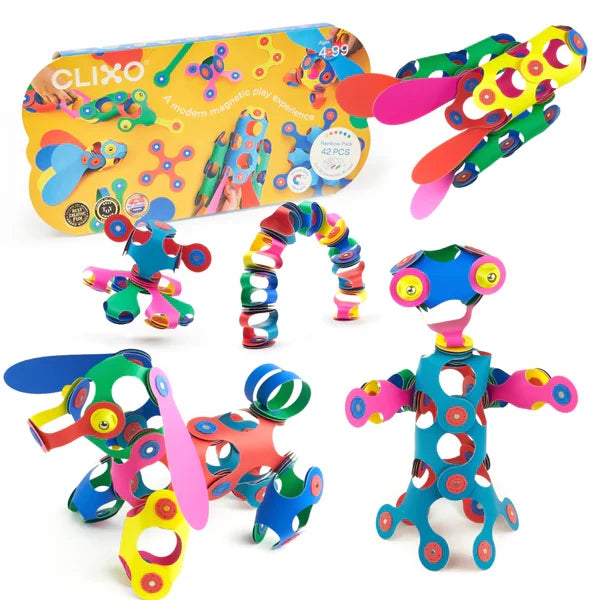 Clixo Rainbow Pack: yellow box and colorful flexible magnetic creations including a dog, robot, and rainbow arch.