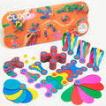 Vibrant 60-piece magnetic building set with flexible rainbow shapes and circles displayed with its orange packaging.