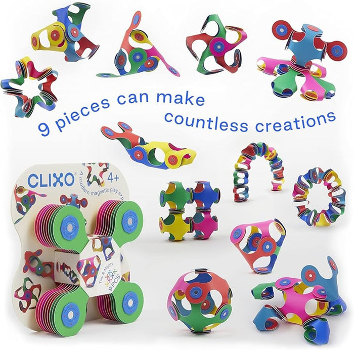 Colorful clover-shaped magnetic building pieces and packaging with 3D structures like a sphere and arch.