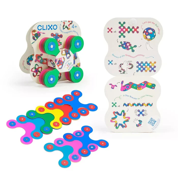Brightly colored flexible magnetic X-shaped pieces shown with packaging and building guides for a ball and snake.
