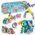 Colorful, flexible magnetic pieces and wheels shown as a train, car, and elephant next to the blue product box.