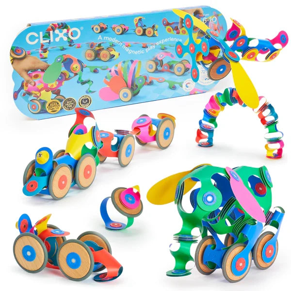 Colorful, flexible magnetic pieces and wheels shown as a train, car, and elephant next to the blue product box.