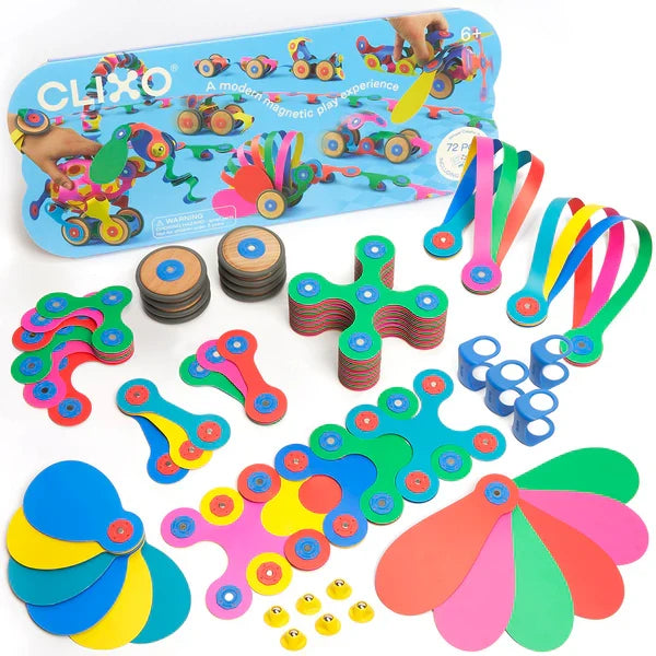 Vibrant flexible magnetic toy pieces in various shapes and wooden wheels spread in front of a blue display box.