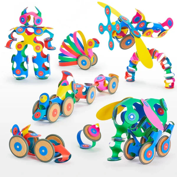Vibrant flexible magnetic pieces and wooden wheels built into various toy vehicles, a robot, and animals.
