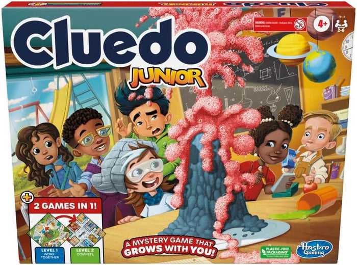 Cluedo Junior board game box featuring diverse kids and a foaming volcano experiment, with a 2 Games in 1 badge.