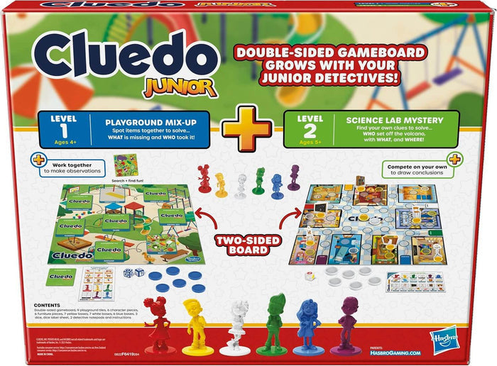 Box back showing two colorful game boards, six character pawns, dice, and pieces for Level 1 and Level 2 play.
