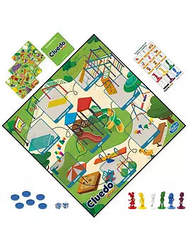 Diamond-shaped Cluedo Junior playground board with 6 character pawns, blue tokens, dice, and game cards.