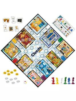 Cluedo Junior board game with colorful room illustrations, six character figurines, gold and silver tokens, and a die.
