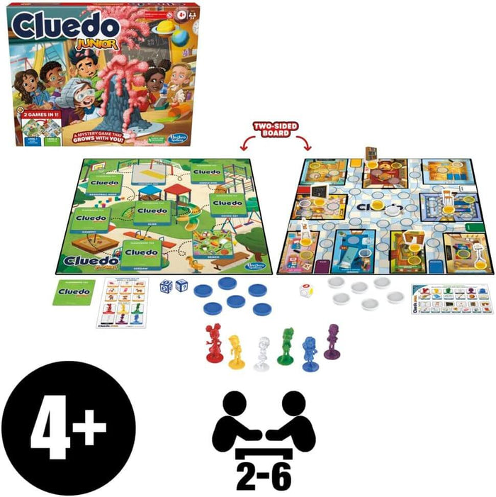 Cluedo Junior game set with colorful box, two-sided board, six character figures, tokens, dice, and age 4+ icon.