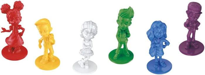Six stylized plastic character figurines in red, yellow, white, green, blue, and purple on circular bases.