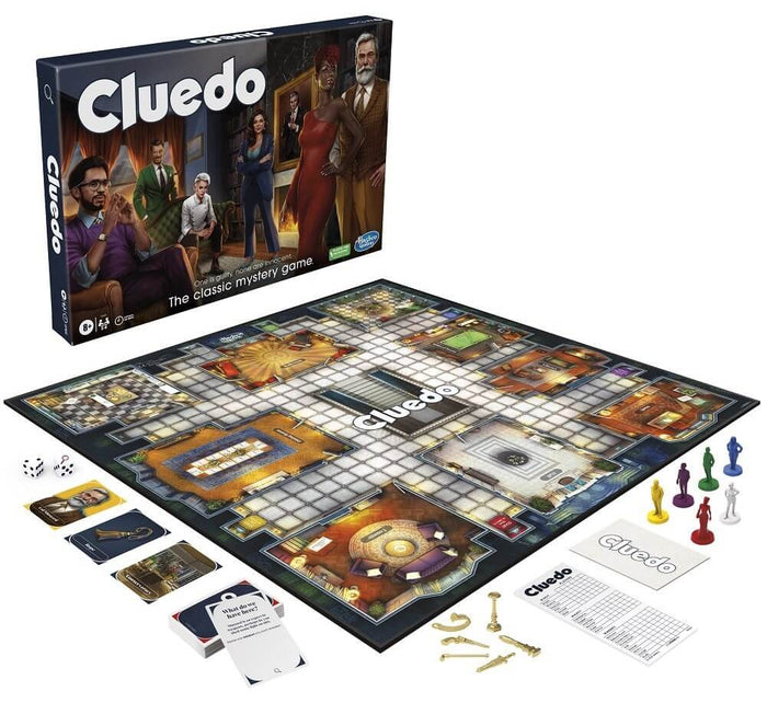 Cluedo board game box, mansion floor plan board, six colored character pawns, golden weapons, game cards, and dice.
