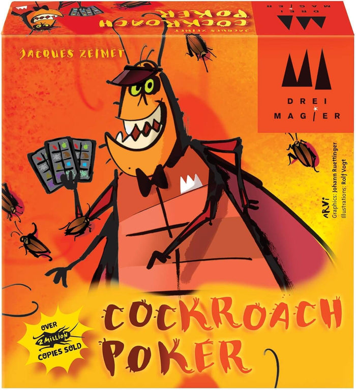 Orange game box featuring a grinning cartoon cockroach in a black cape and bow tie, holding small playing cards.