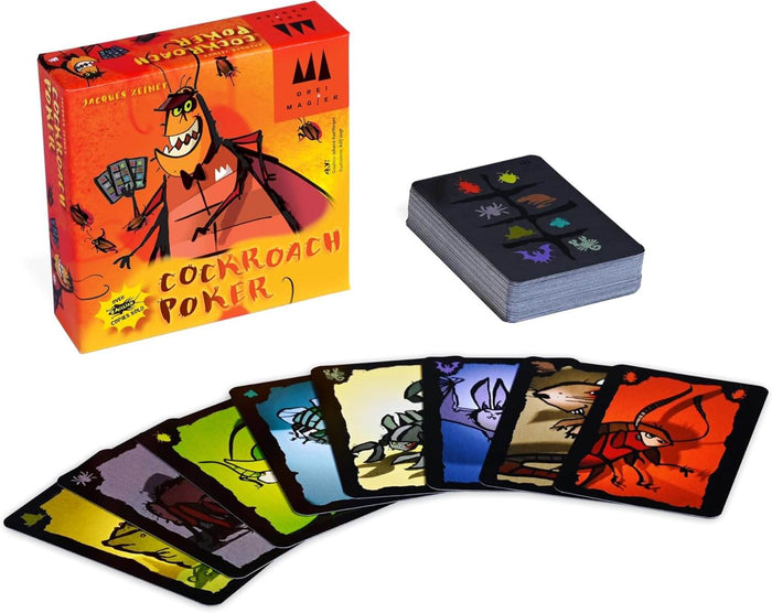 Orange box with cartoon cockroach, black deck, and fanned cards with colorful insects on black backgrounds.