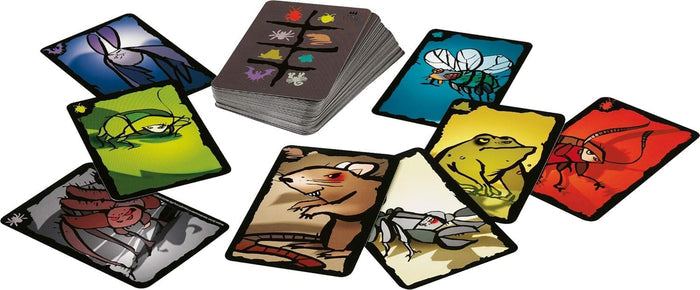 Deck of cards with colorful cartoon illustrations of insects, rats, and frogs on vibrant backgrounds with black borders.